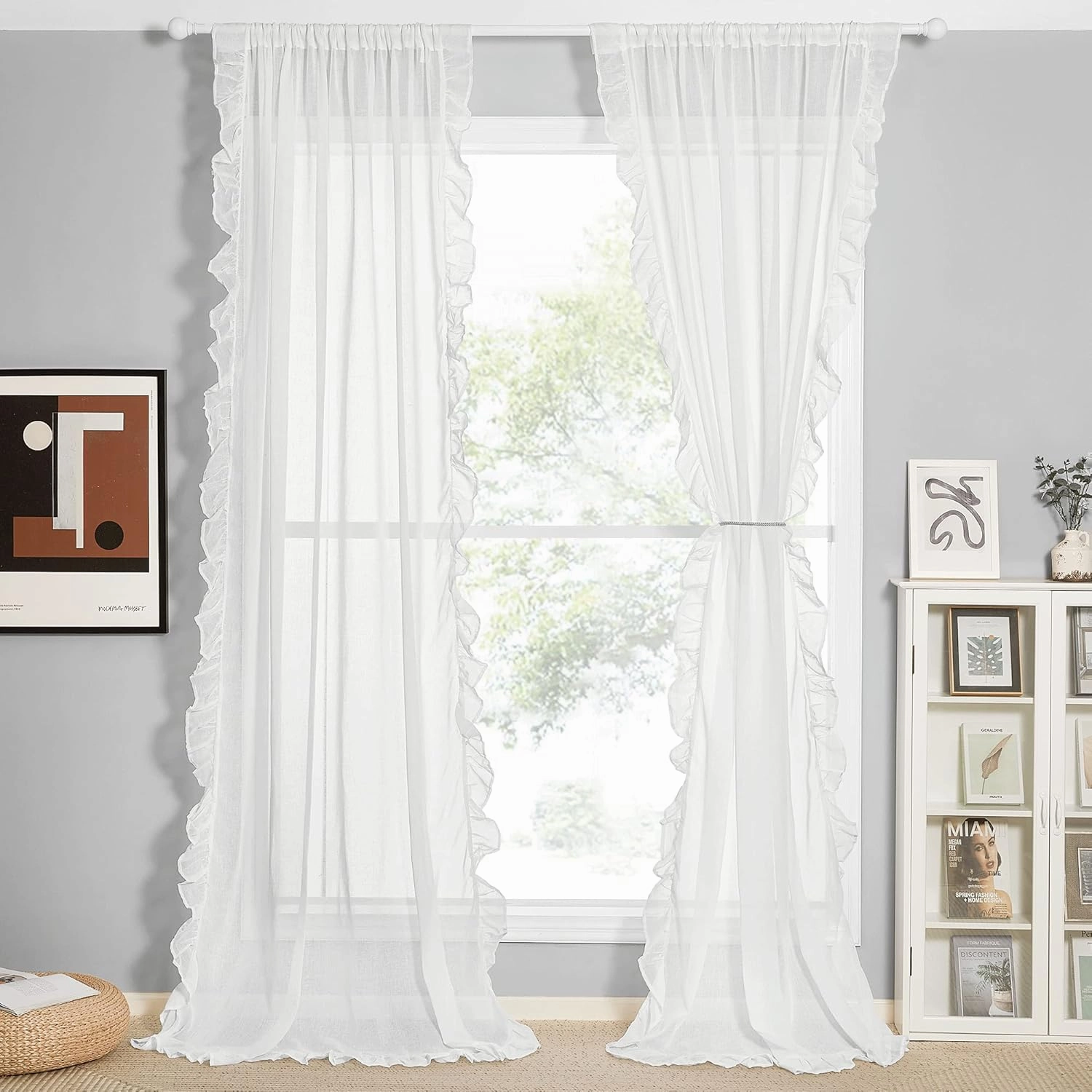 KGORGE White Linen Curtains for Living Room, Linen Blended Sheer Curtain with Shabby Chic Ruffle Trim, Farmhouse Window Curtains & Drapes for Kitchen Bedroom Bathroom, W52 x L84 inch, 2 Panels