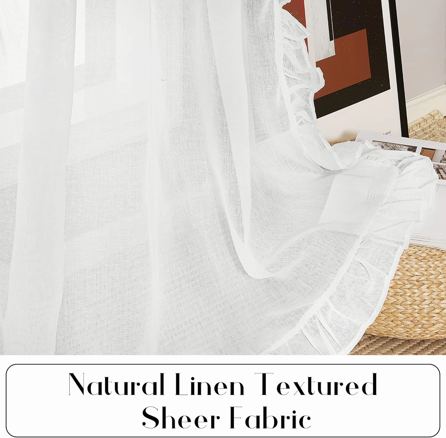 KGORGE White Linen Curtains for Living Room, Linen Blended Sheer Curtain with Shabby Chic Ruffle Trim, Farmhouse Window Curtains & Drapes for Kitchen Bedroom Bathroom, W52 x L84 inch, 2 Panels