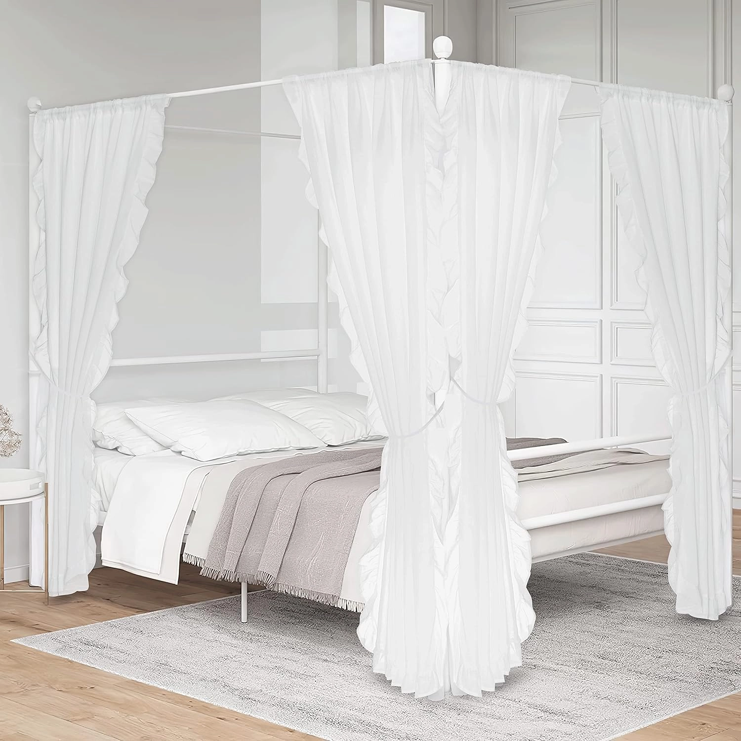KGORGE White Linen Curtains for Living Room, Linen Blended Sheer Curtain with Shabby Chic Ruffle Trim, Farmhouse Window Curtains & Drapes for Kitchen Bedroom Bathroom, W52 x L84 inch, 2 Panels