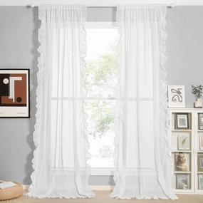 KGORGE White Linen Curtains for Living Room, Linen Blended Sheer Curtain with Shabby Chic Ruffle Trim, Farmhouse Window Curtains & Drapes for Kitchen Bedroom Bathroom, W52 x L84 inch, 2 Panels