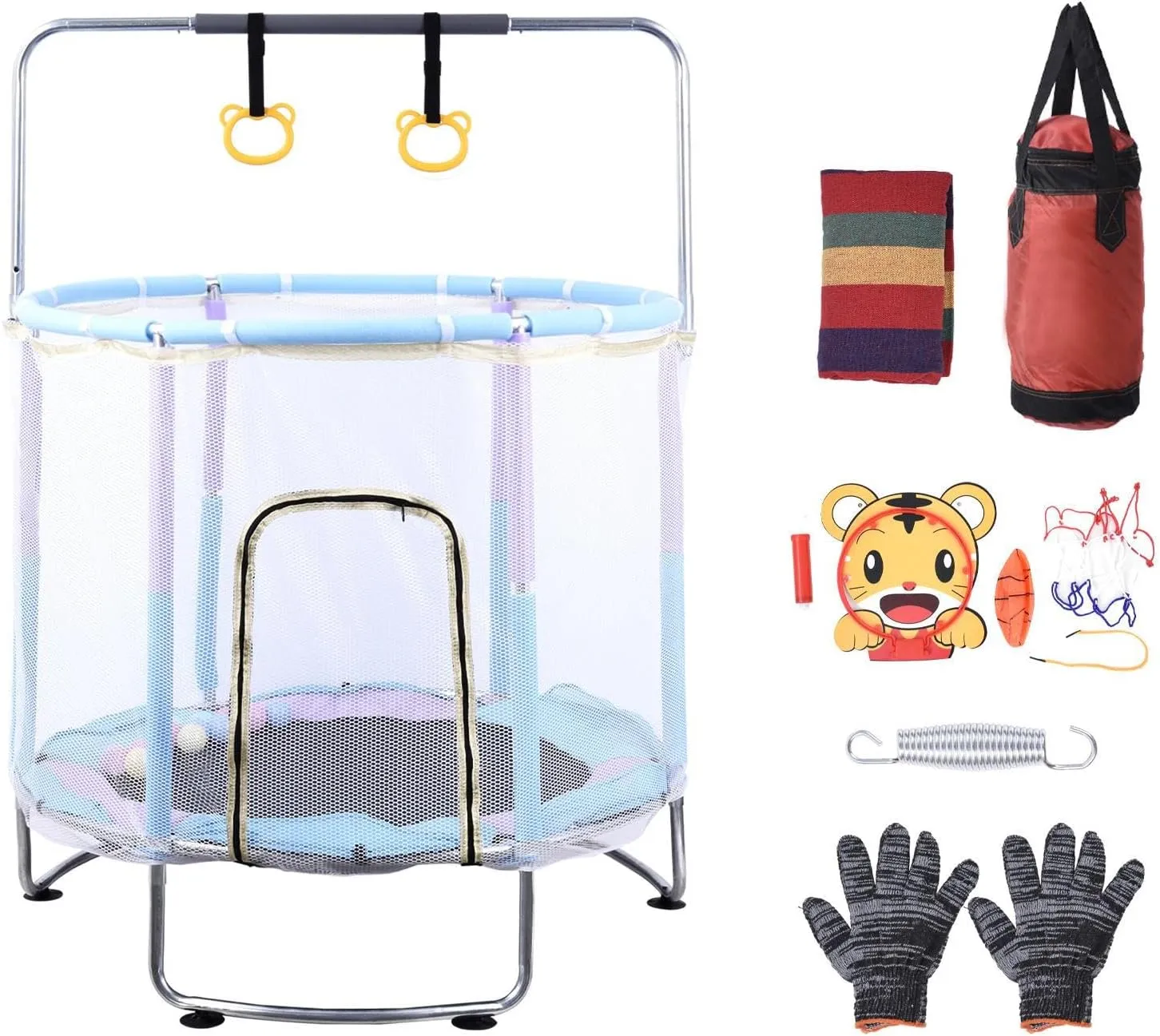 Kid Trampoline | Adjustable Height Fitness Trampoline | Bouncing Bed with Enclosure, Swing, Basketball Hoop for Indoor Outdoor Backyard
