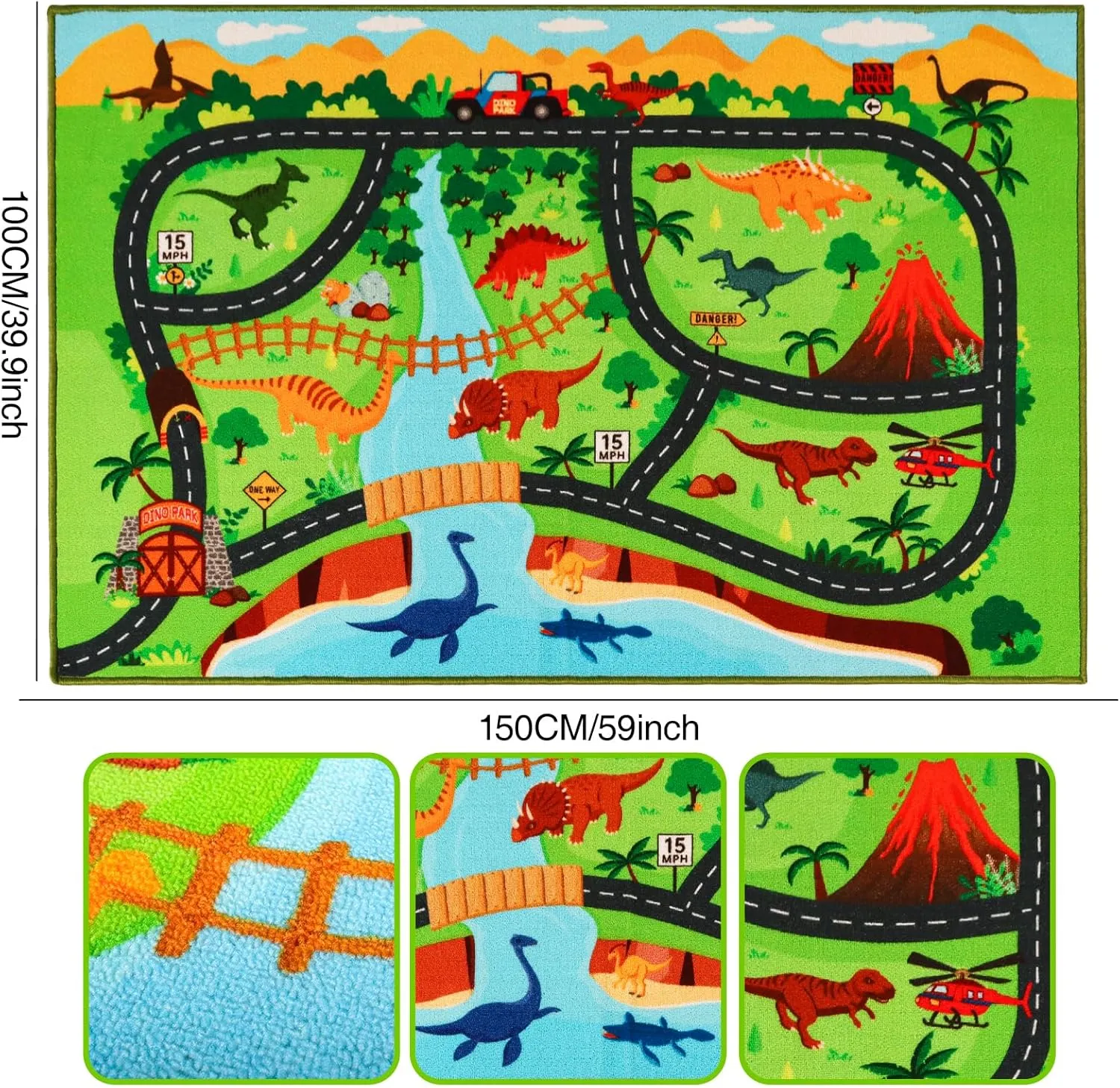 Kids Carpet Playmat Rug,59"X39.4" Dinosaur Car Rugs for Kids Toy Cars,Non Slip Dino Safari Road Map Kids Rug for Playroom Bedroom Boys,Kids Play Mat Road Rug,Track Rug Car Play Carpet for Kids