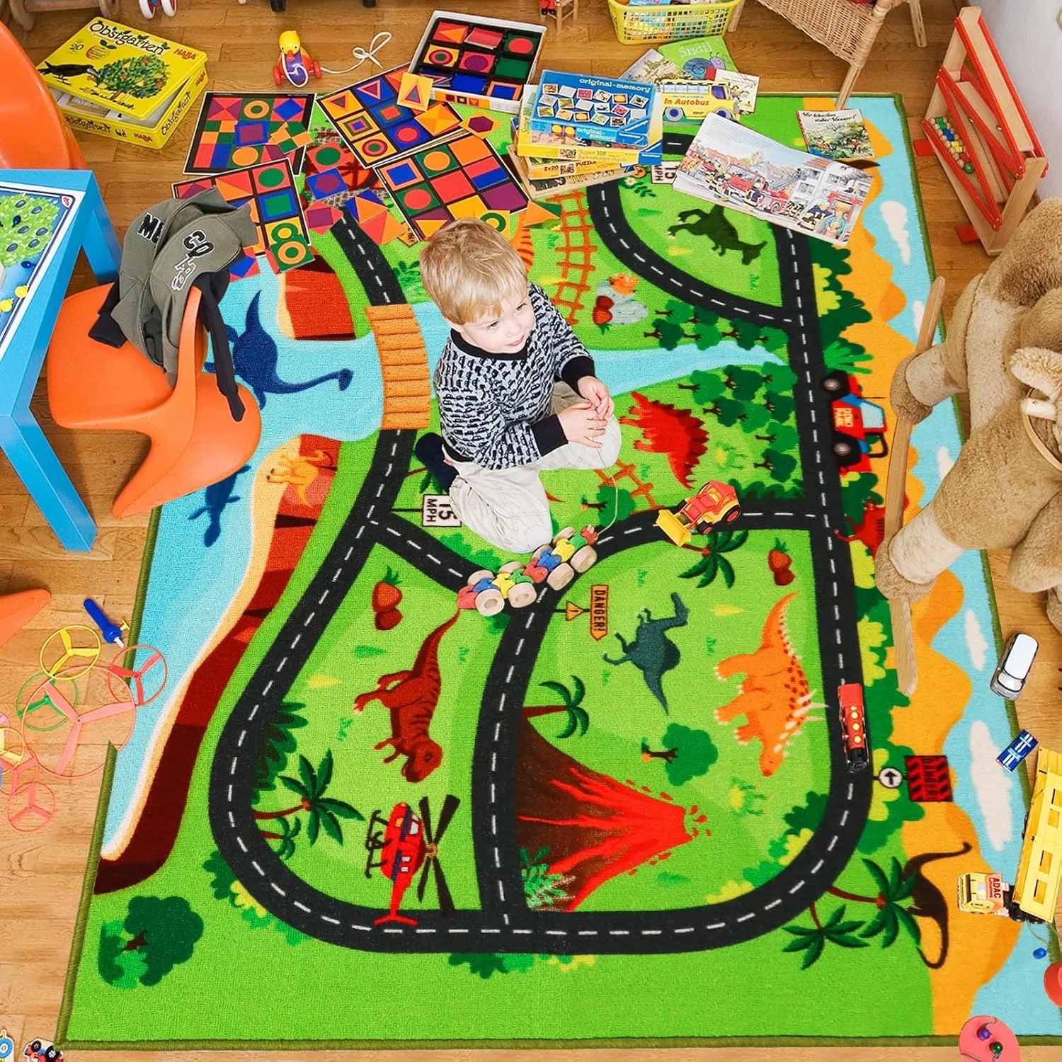 Kids Carpet Playmat Rug,59"X39.4" Dinosaur Car Rugs for Kids Toy Cars,Non Slip Dino Safari Road Map Kids Rug for Playroom Bedroom Boys,Kids Play Mat Road Rug,Track Rug Car Play Carpet for Kids