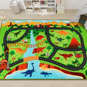 Kids Carpet Playmat Rug,59"X39.4" Dinosaur Car Rugs for Kids Toy Cars,Non Slip Dino Safari Road Map Kids Rug for Playroom Bedroom Boys,Kids Play Mat Road Rug,Track Rug Car Play Carpet for Kids