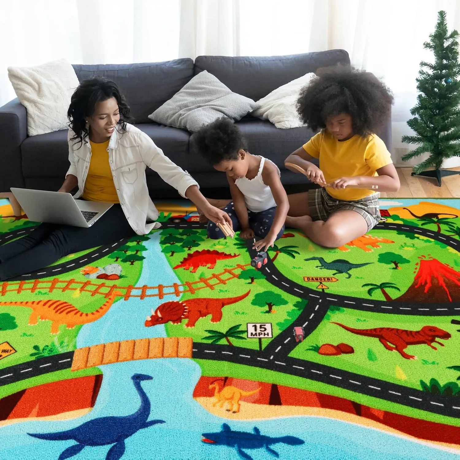 Kids Carpet Playmat Rug,59"X39.4" Dinosaur Car Rugs for Kids Toy Cars,Non Slip Dino Safari Road Map Kids Rug for Playroom Bedroom Boys,Kids Play Mat Road Rug,Track Rug Car Play Carpet for Kids