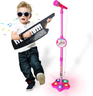 Kids Karaoke Machine with Adjustable Microphone Stand for Kids Standing Mic,Flashing Light Base,Piano Keyboard 14 Keys,Portable Keyboard Guitar Birthday Gifts for Age 3  Boy Girls,Keytar (Pink)