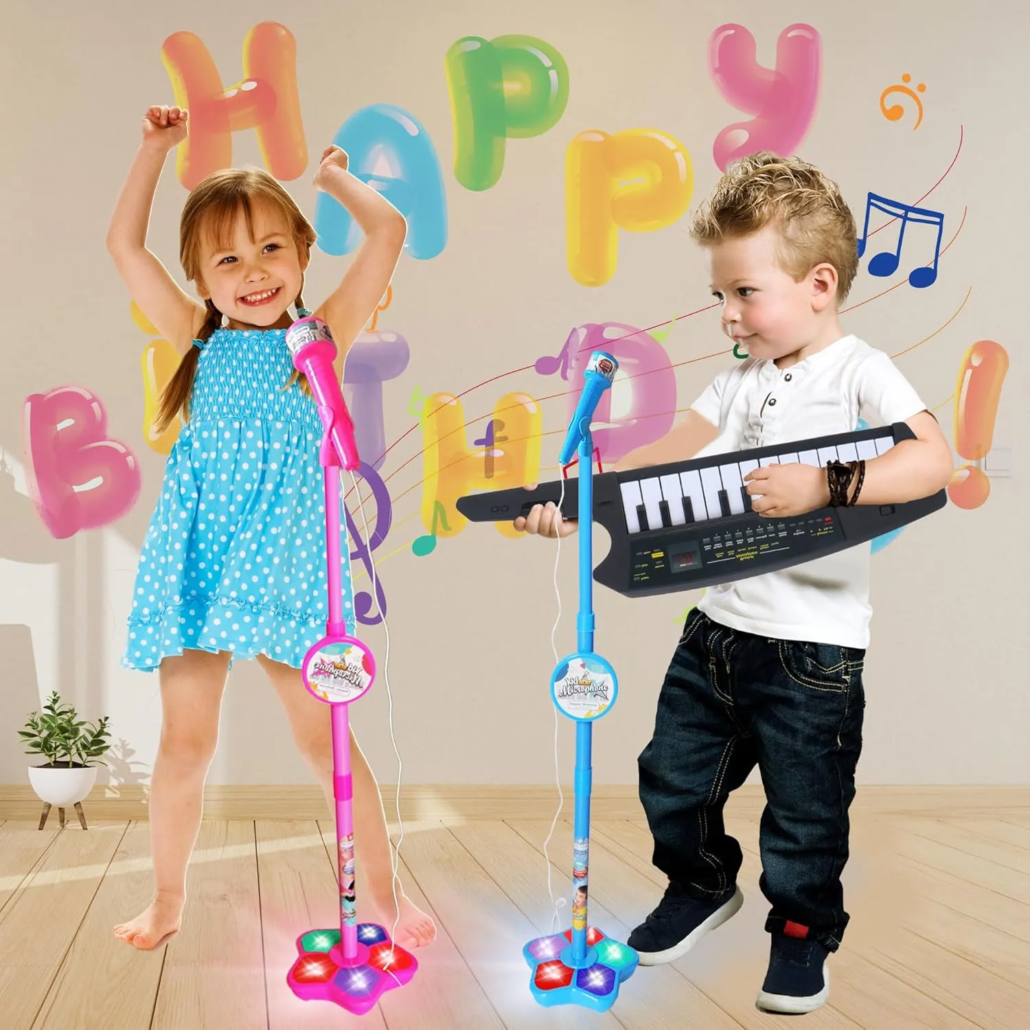 Kids Karaoke Machine with Adjustable Microphone Stand for Kids Standing Mic,Flashing Light Base,Piano Keyboard 14 Keys,Portable Keyboard Guitar Birthday Gifts for Age 3  Boy Girls,Keytar (Pink)