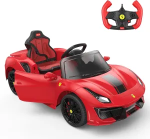 Kids Licensed Ferrari 488 Pista Spider Ride-On Car with Remote Control – Electric 12V Battery Powered, LED Lights, Safety Belt, Music Player – Red