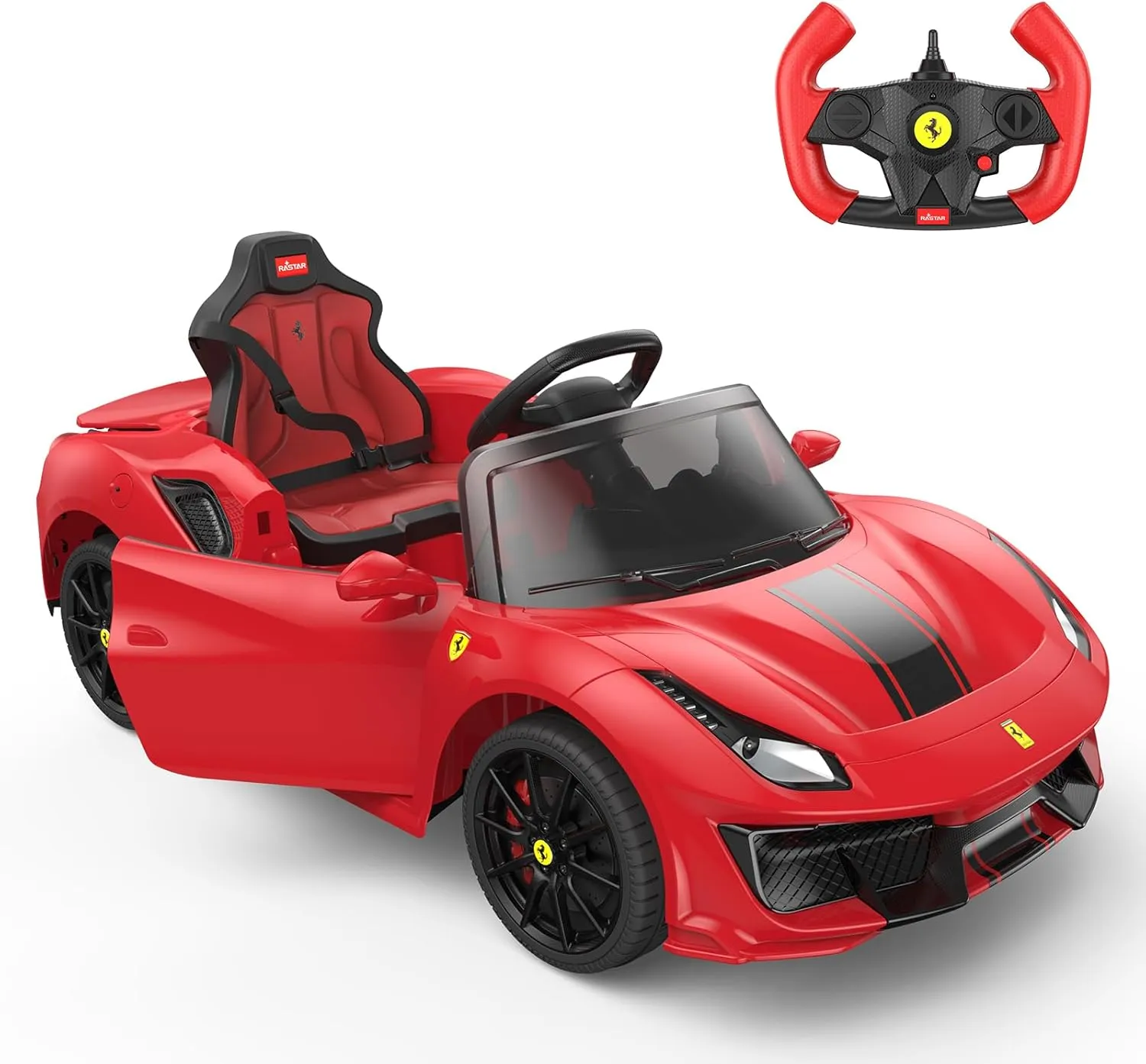 Kids Licensed Ferrari 488 Pista Spider Ride-On Car with Remote Control – Electric 12V Battery Powered, LED Lights, Safety Belt, Music Player – Red