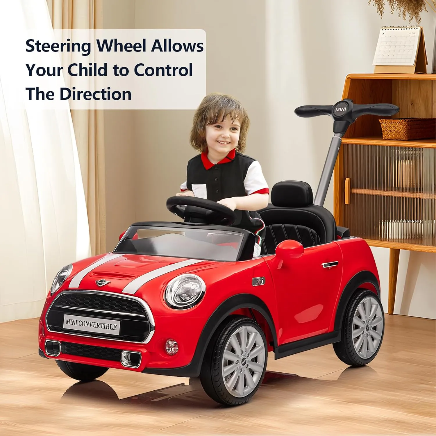 Kids Push Car, Ride On Car, Licensed MINI Cooper Toddler Push Car Toy with Adjustable Push Rod, Horn Music, Seat Belt,Silent Wheels - Ideal Stroller Substitute for Kids 1-3Years Old
