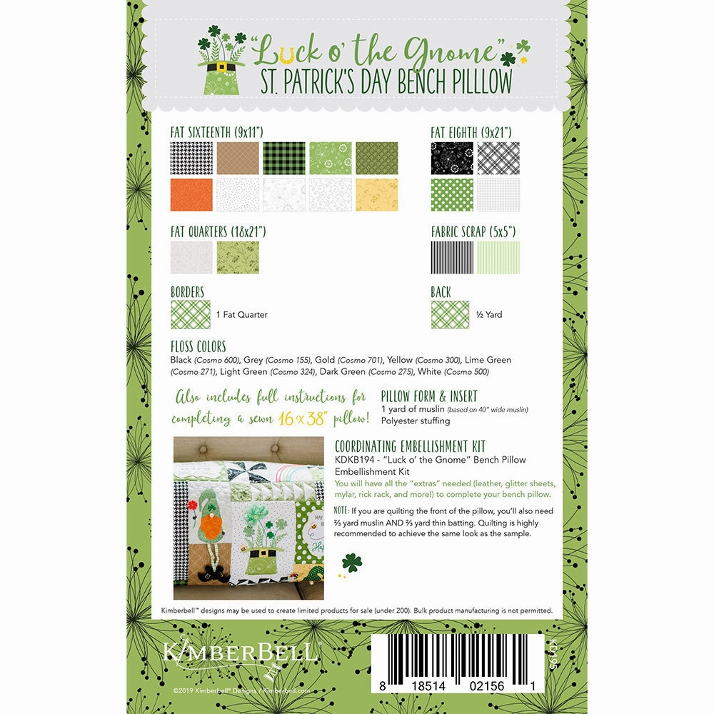 Kimberbell, Luck O' The Gnome: Bench Pillow Sewing Pattern