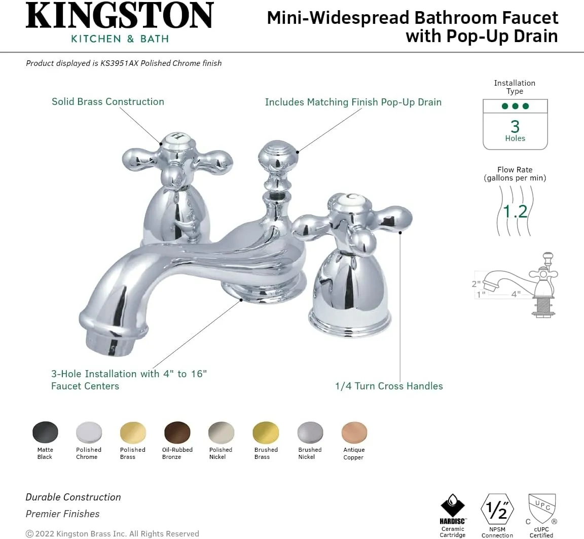 Kingston Brass KS3952AX Restoration Mini Widespread Lavatory Faucet with Metal Cross Handle, Polished Brass, 4-Inch Adjustable Center
