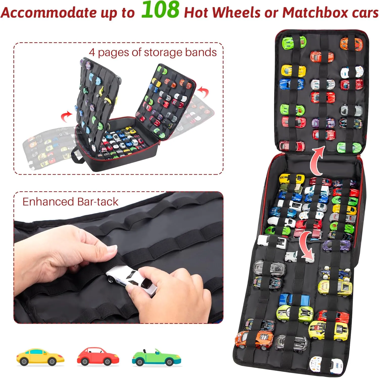 KISLANE Versatile Portable Case Ideal for 108 Matchbox Cars, Sturdy 4-Page Storage Bag with Front Pocket (Case Only) (Red)