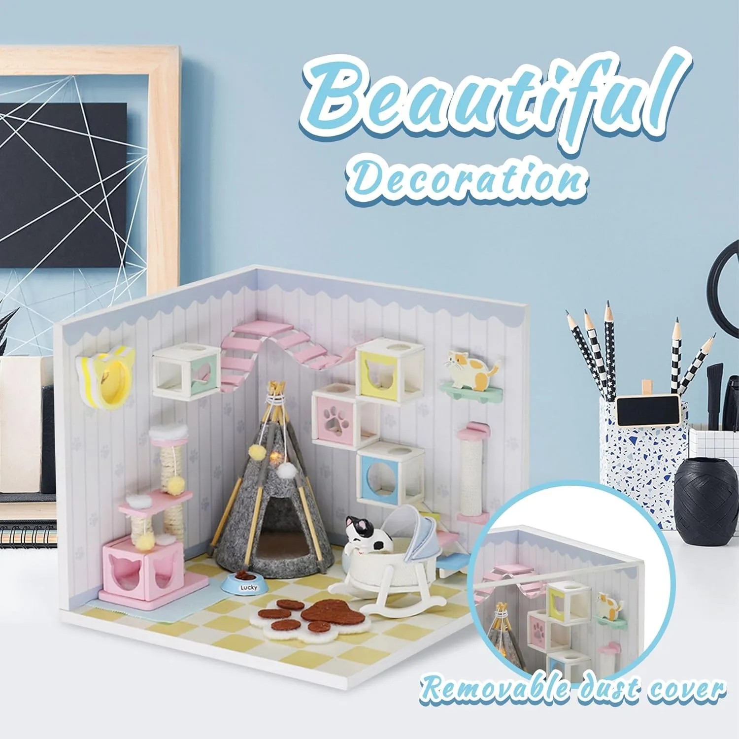 Kisoy Dollhouse Miniature with Furniture Kit, DIY 3D Wooden DIY House Kit A Corner of a Small Apartment Style with Dust Cover & LED,Handmade Tiny House Toys for Kids Adults Gift (Pet Room)