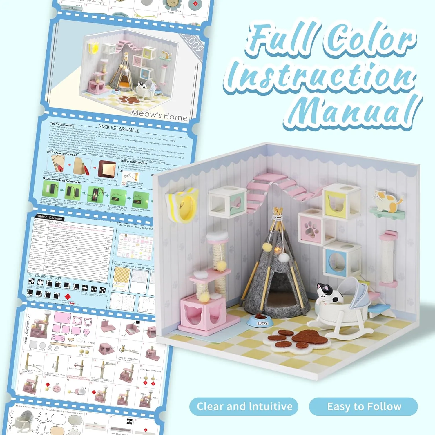 Kisoy Dollhouse Miniature with Furniture Kit, DIY 3D Wooden DIY House Kit A Corner of a Small Apartment Style with Dust Cover & LED,Handmade Tiny House Toys for Kids Adults Gift (Pet Room)