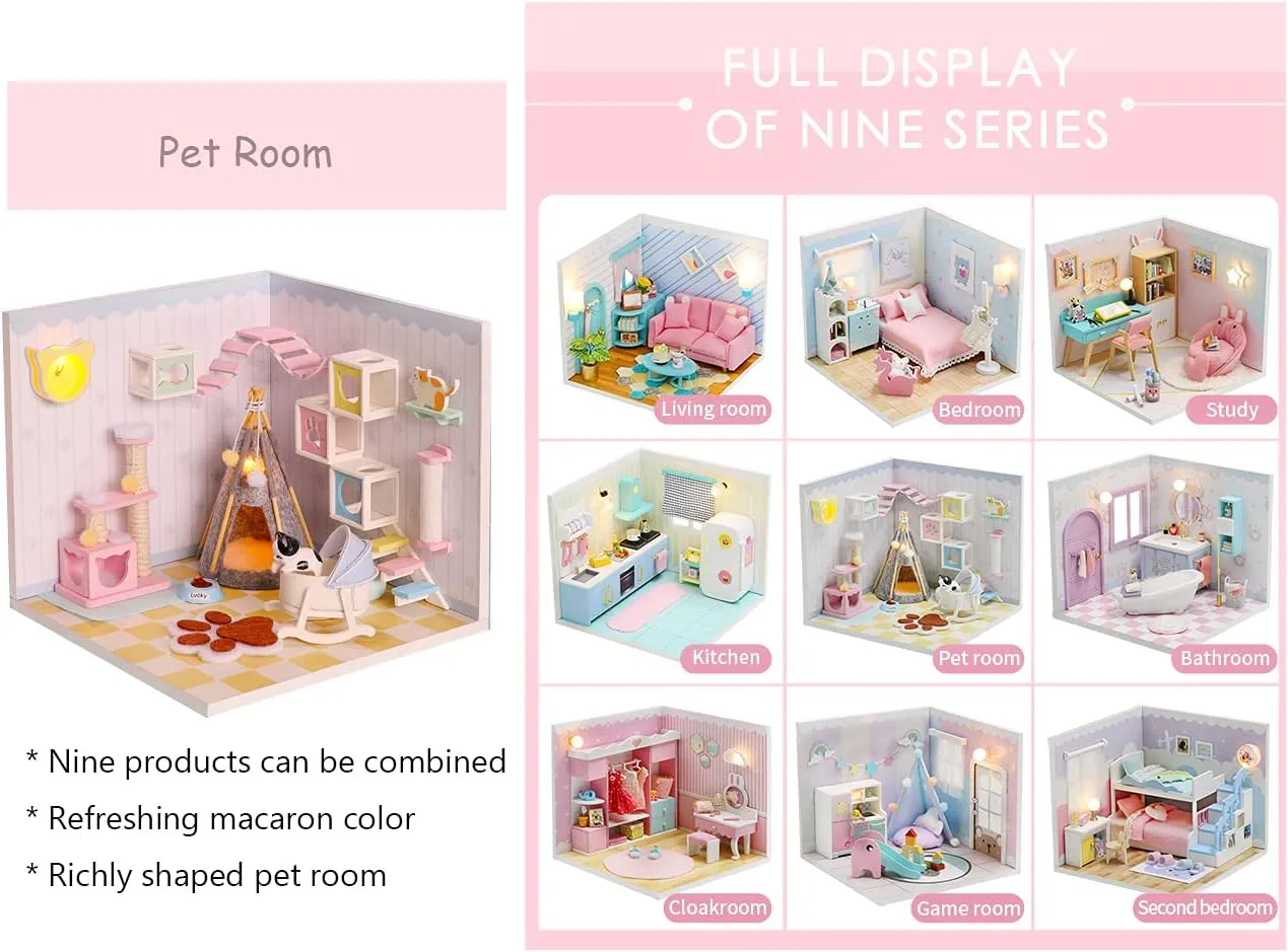 Kisoy Dollhouse Miniature with Furniture Kit, DIY 3D Wooden DIY House Kit A Corner of a Small Apartment Style with Dust Cover & LED,Handmade Tiny House Toys for Kids Adults Gift (Pet Room)
