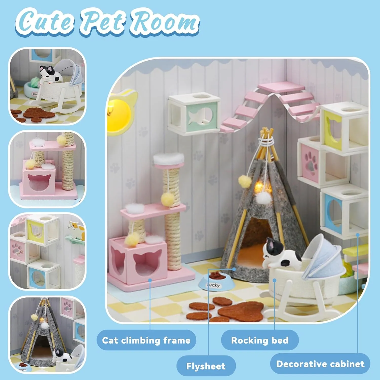 Kisoy Dollhouse Miniature with Furniture Kit, DIY 3D Wooden DIY House Kit A Corner of a Small Apartment Style with Dust Cover & LED,Handmade Tiny House Toys for Kids Adults Gift (Pet Room)