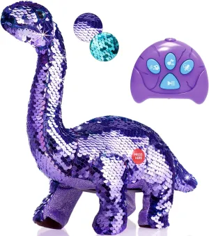 Koonie Sequins Dinosaur for Girls, 2 Year Old Girl Gifts, Purple Dinosaur Remote Control Reversible Sequins Dinosaur Can Repeat Walk Roar Sing, Christmas Birthday Gifts for 2-7 Years Old Kids Toddler