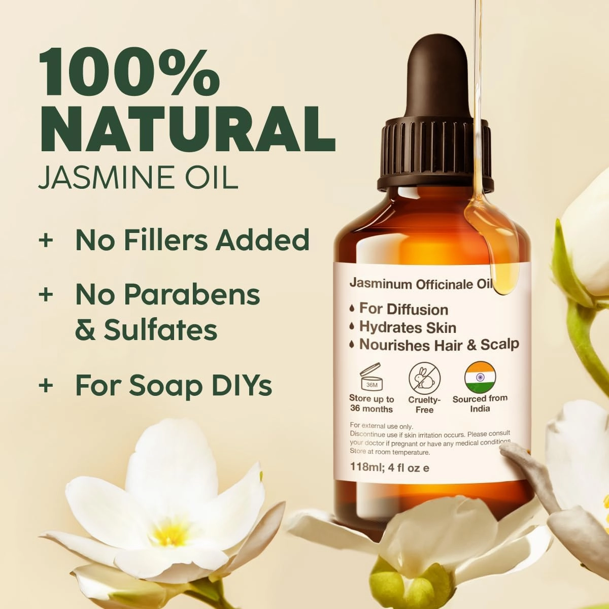 Kukka Jasmine Essential Oil for Diffuser - 4 Fl Oz - 100% Pure Natural Jasmine Oil for Skin, Hair & DIY Soap Making Scents - A Great Relaxing Floral Addition for Hair Care & Perfume