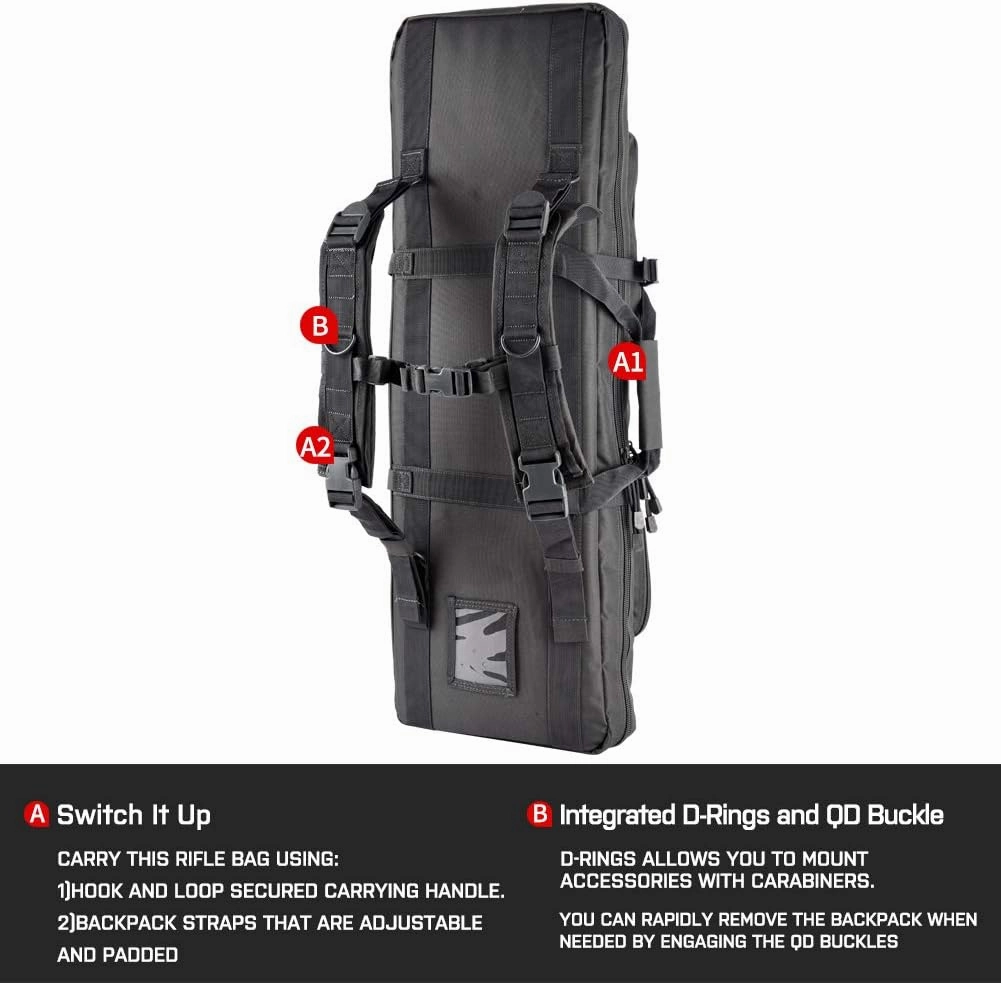 Lancer Tactical Classic Double Long Rifle Pistol Gun Bag - 42 Inch EVA Foam Tactical Firearm Transport Case with 600D Polyester, Backpack Straps, Lockable Compartment
