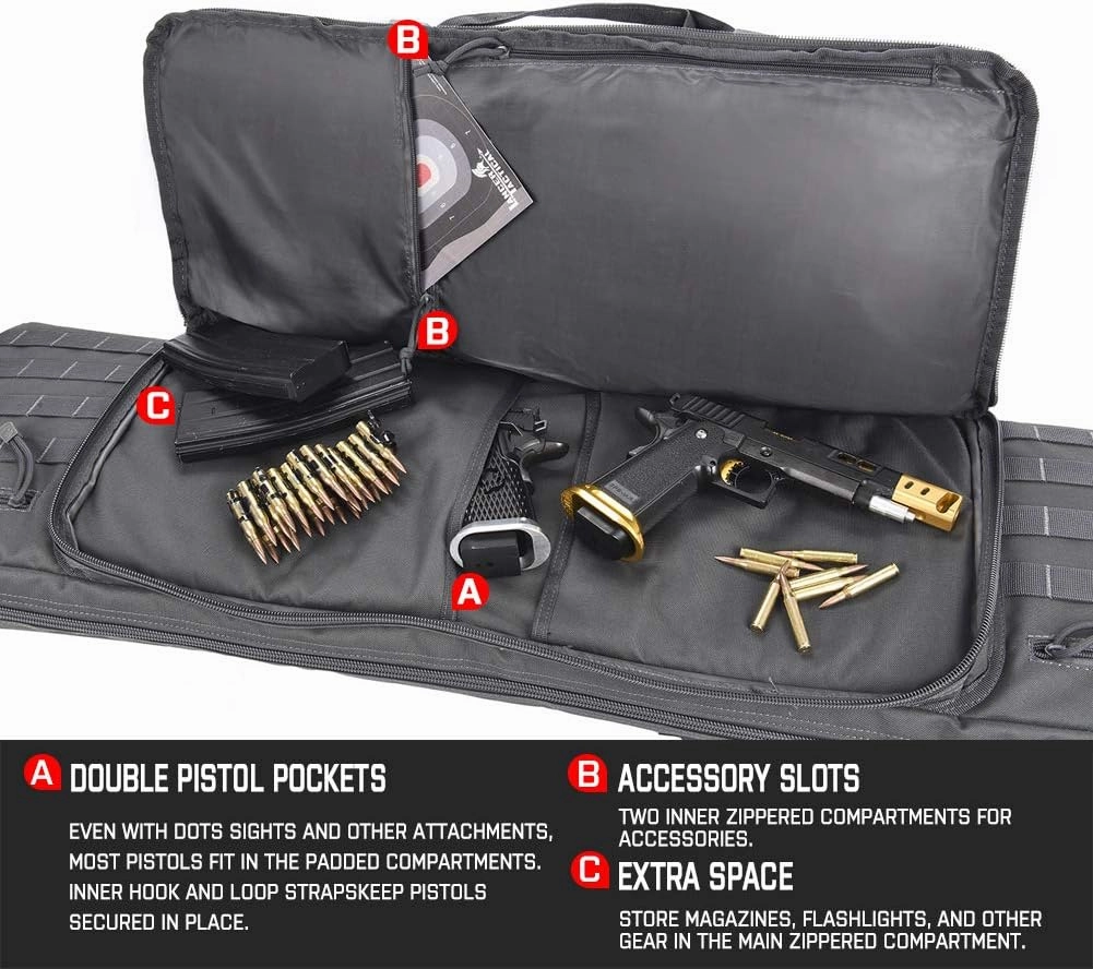 Lancer Tactical Classic Double Long Rifle Pistol Gun Bag - 42 Inch EVA Foam Tactical Firearm Transport Case with 600D Polyester, Backpack Straps, Lockable Compartment