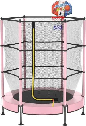 LANGXUN 60" Trampoline for Kids with Basketball Hoop, 5ft Indoor Outdoor Toddler Mini Trampoline with Raised Safety Net - Birthday Gifts for Boys and Girls, Christmas Toys for 3-10 Years Old