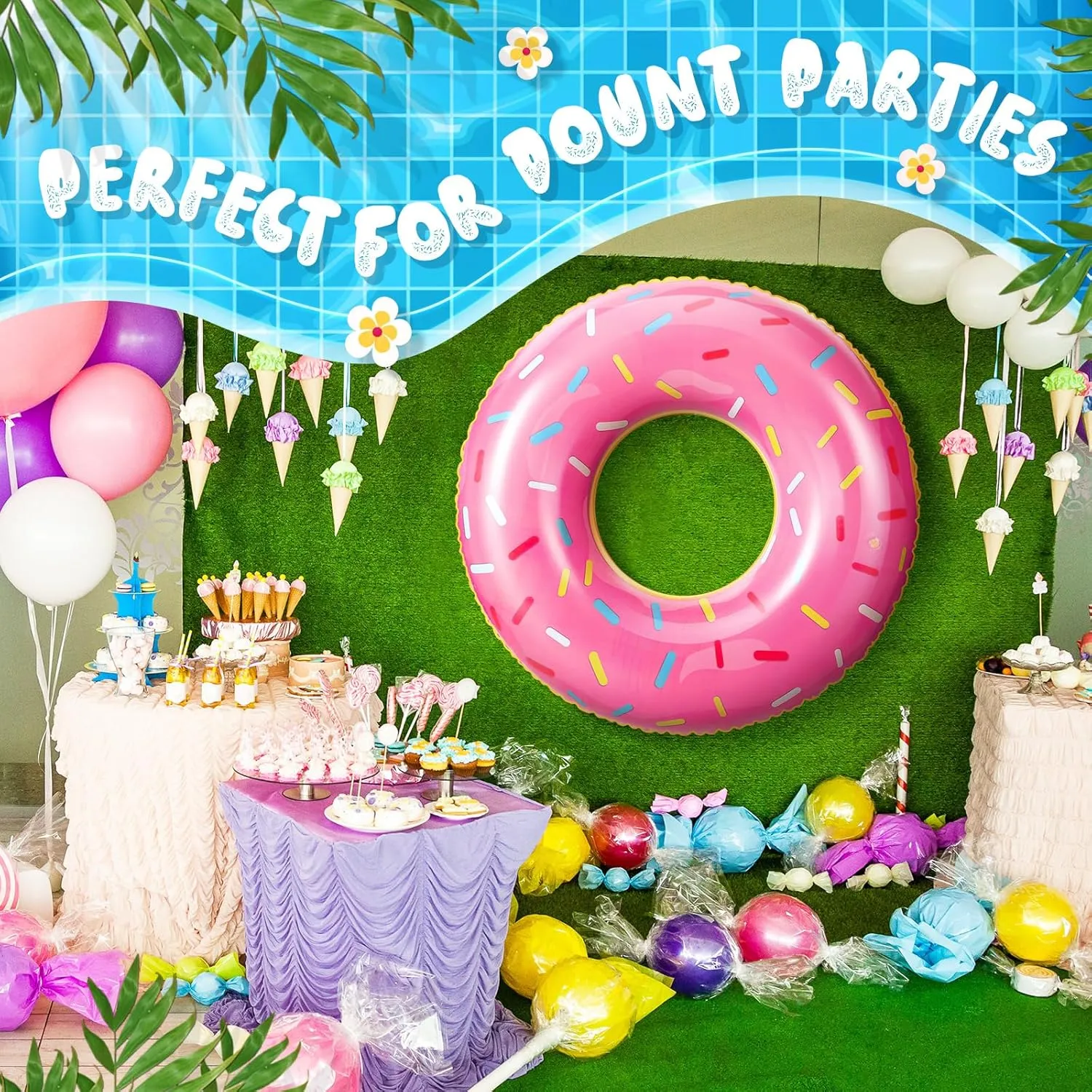 Large Donut Pool Float Inflatable Pool Float Tube 48 Inch Donut Swimming Rings Swim Rings with Sprinkles Doughnut Pool Floatie Blow Up Swimming Raft for Adults Beach Party Supplies