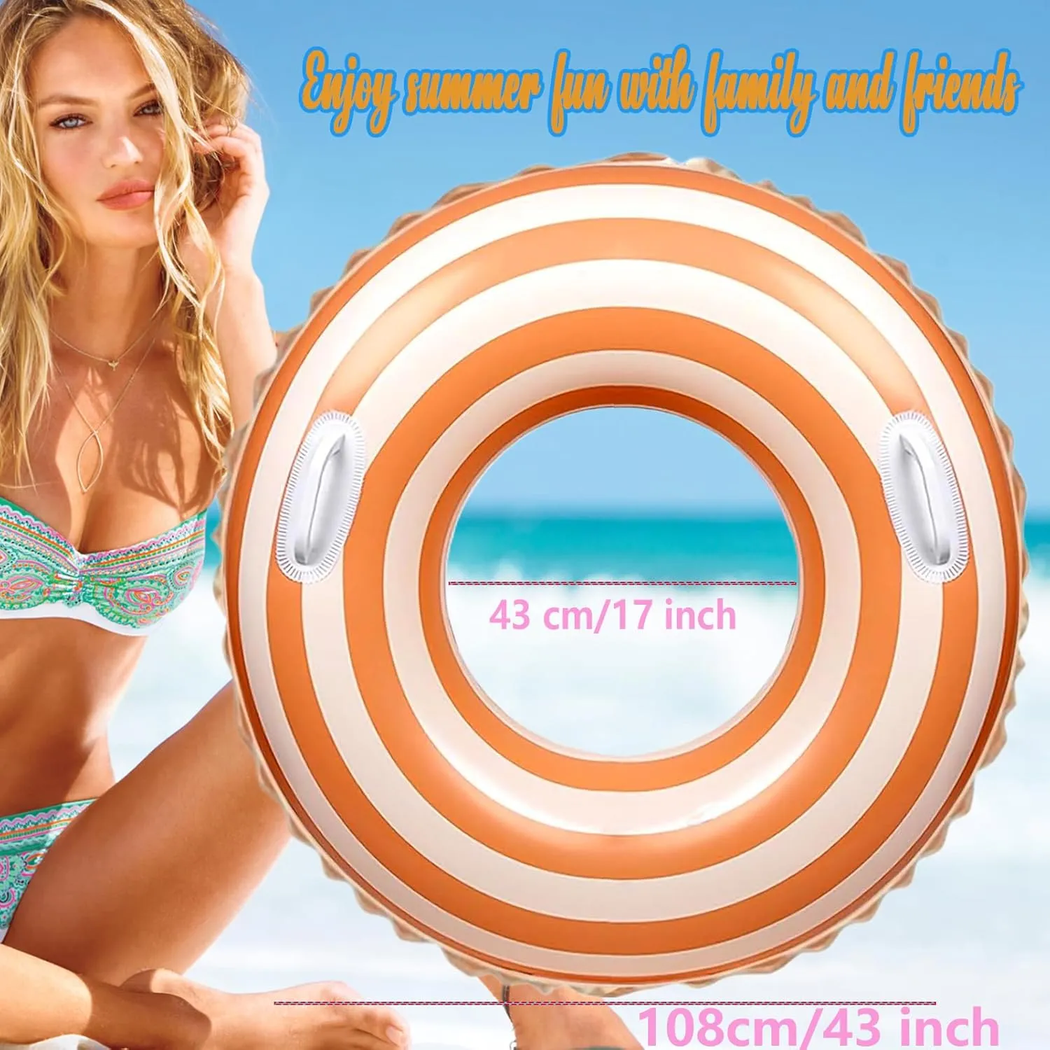 Large Striped Pool Floats- Inflatable Pool Floats for Adults- 2 Pack Striped Floaties Pool Tubes Swim Rings with Handles Inflatable Pool Float for Swimming Pool Party Lake Beach Adults