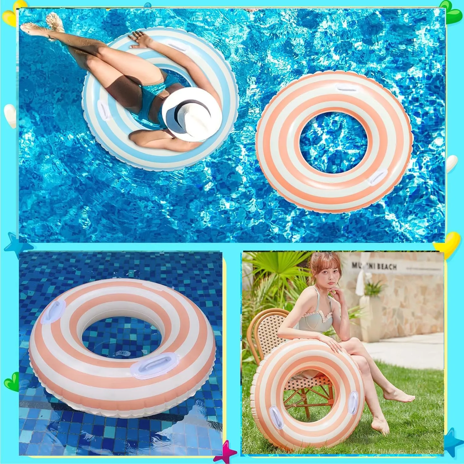 Large Striped Pool Floats- Inflatable Pool Floats for Adults- 2 Pack Striped Floaties Pool Tubes Swim Rings with Handles Inflatable Pool Float for Swimming Pool Party Lake Beach Adults