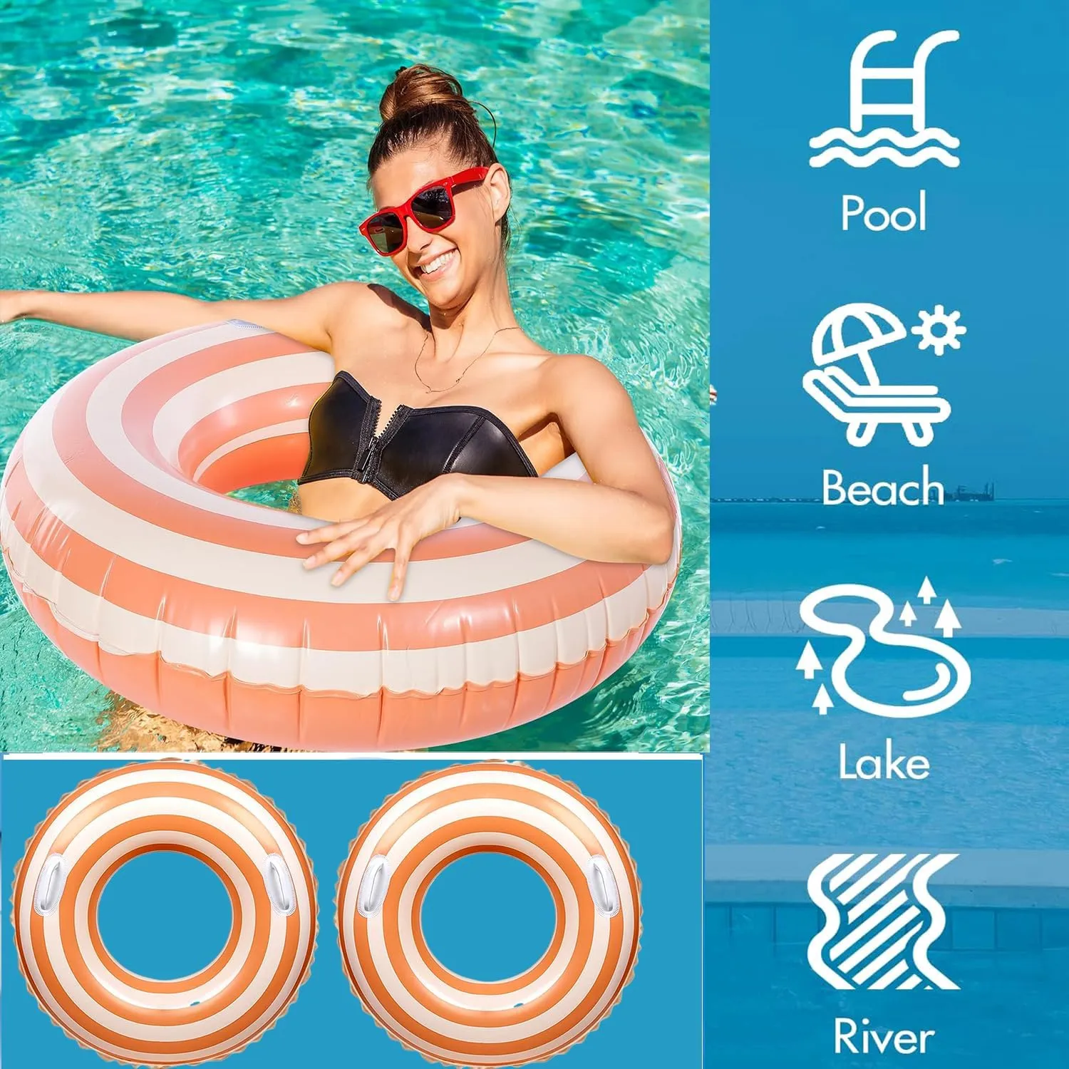 Large Striped Pool Floats- Inflatable Pool Floats for Adults- 2 Pack Striped Floaties Pool Tubes Swim Rings with Handles Inflatable Pool Float for Swimming Pool Party Lake Beach Adults
