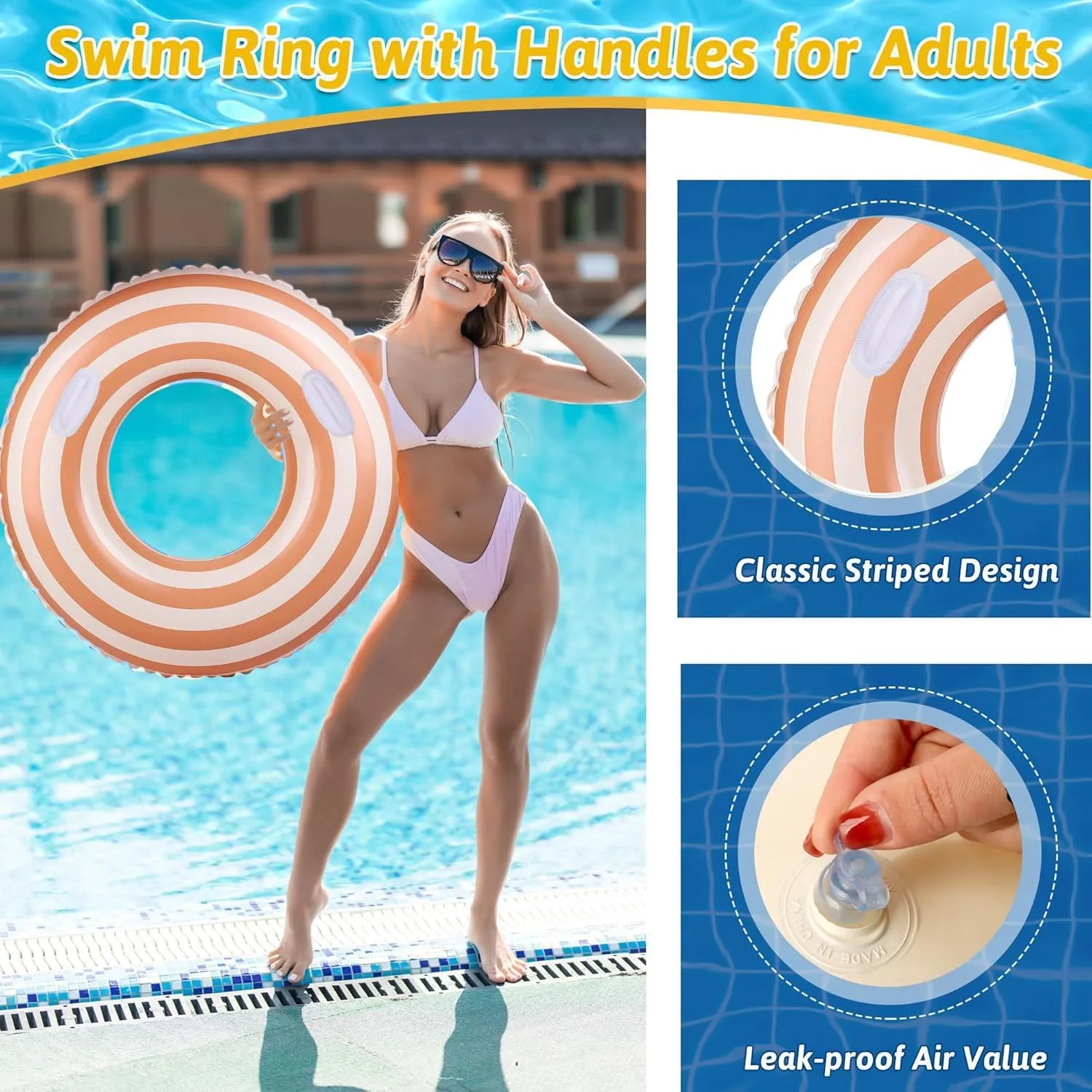 Large Striped Pool Floats- Inflatable Pool Floats for Adults- 2 Pack Striped Floaties Pool Tubes Swim Rings with Handles Inflatable Pool Float for Swimming Pool Party Lake Beach Adults