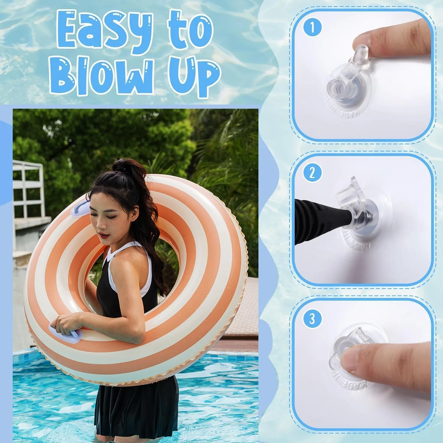 Large Striped Pool Floats- Inflatable Pool Floats for Adults- 2 Pack Striped Floaties Pool Tubes Swim Rings with Handles Inflatable Pool Float for Swimming Pool Party Lake Beach Adults