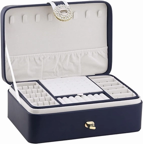 Large Jewelry Box for Women PU Leather Jewelry Organizer Storage Case with Two Layers Display for Earrings Bracelets Rings Watches (Color : White) (White) (Black)