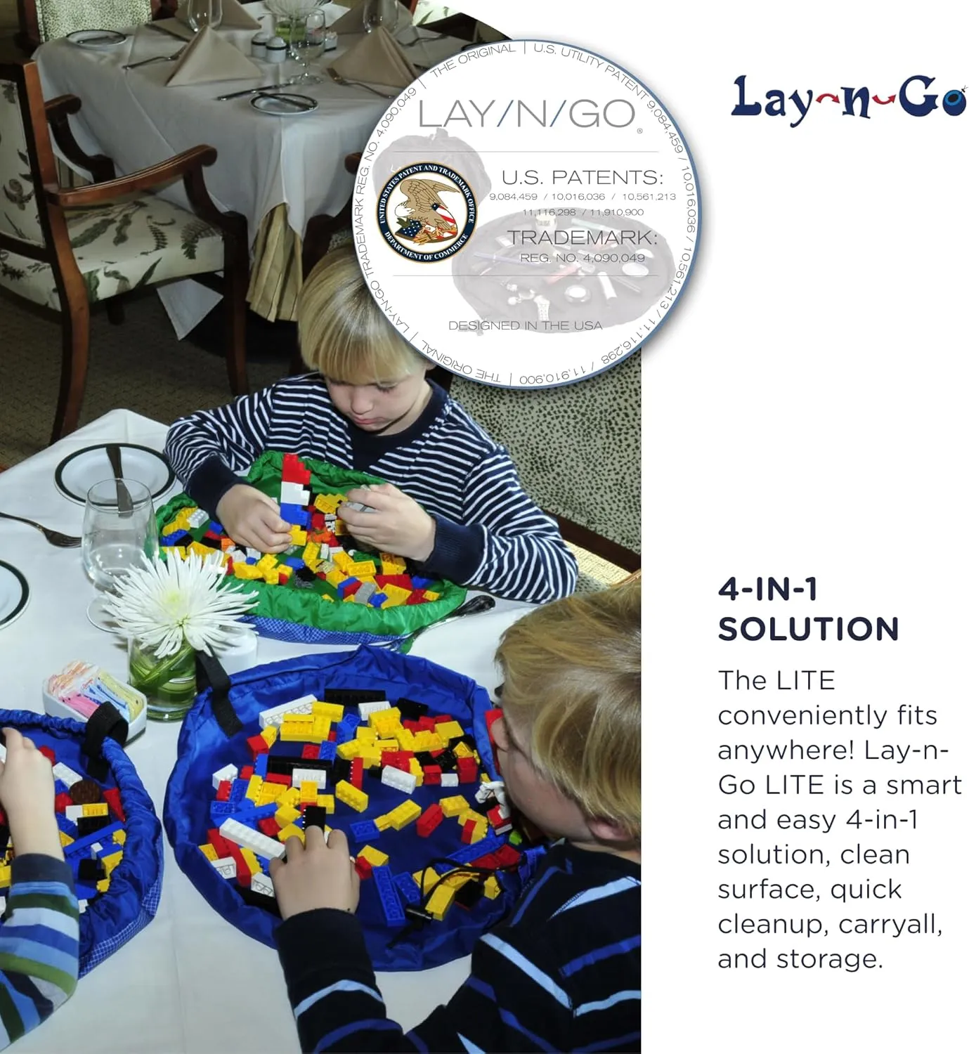 Lay-n-Go 2-in-1 Portable Drawstring Toys Storage Organizer and Play Mat for Room and Travel, Made for Kids and Toddlers with a Durable Patented Design