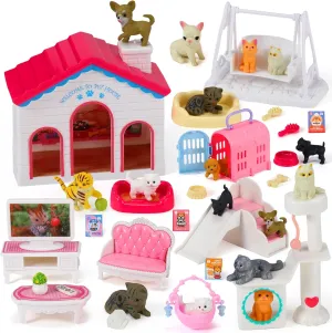 Leyndo 38 Pcs Cat and Dog Pet Pretend Play Toys Set Care Role Play Educational Pet Figures Puppy Toys Creative DIY Realistic Detailed for Kids Boys and Gilrs