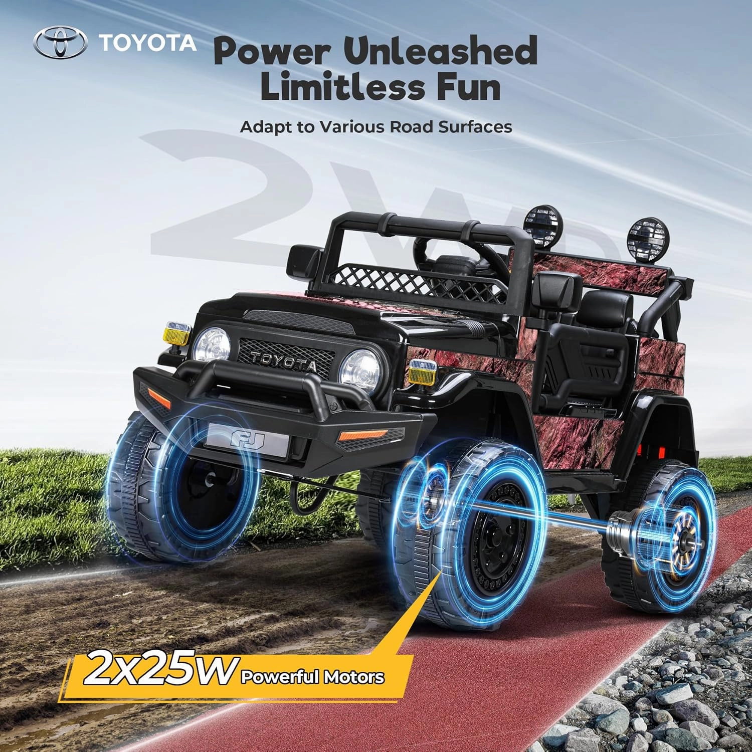 Licensed FJ Cruiser 12V 7AH Ride On Truck, Electric Car for Toddlers w/Remote Control, LED Lights, Spring Suspension, Bluetooth Speaker, FM Radio, Battery Powered Cars for Kids to Drive