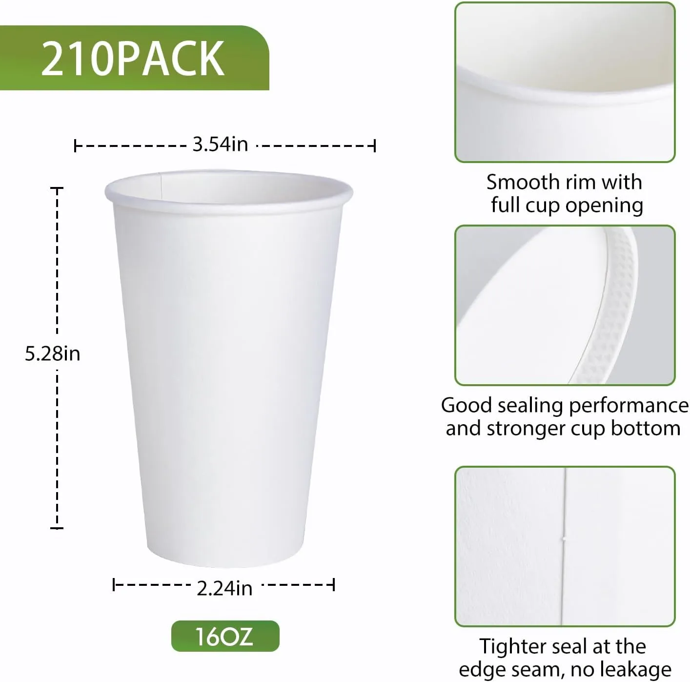 LITOPAK 210 Pack 16 oz Disposable Paper Coffee Cup, Hot/Cold Beverage Drinking Cups for Water, White Paper Hot Coffee Cups, Suitable for Party, Picnic, Travel, and Events