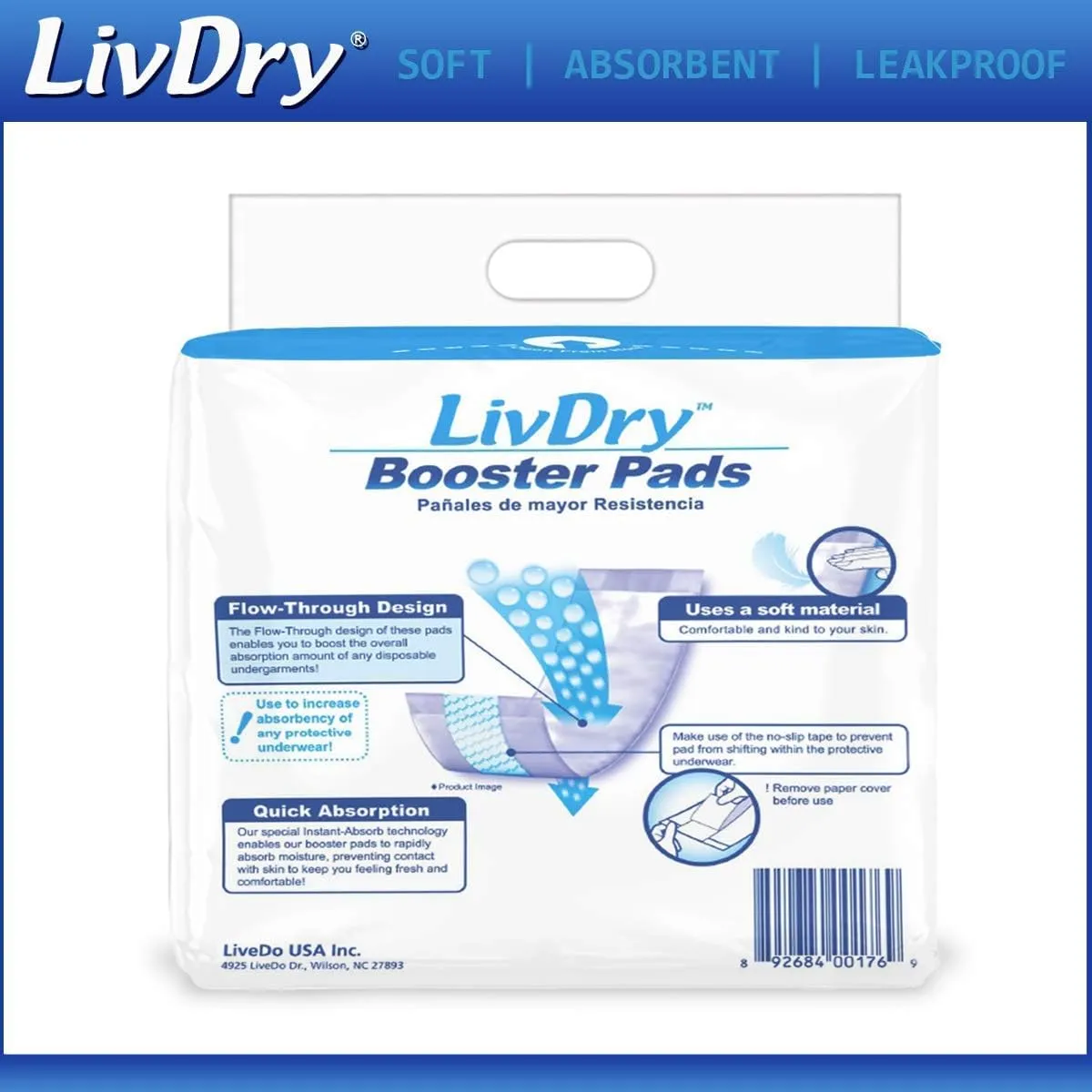 LivDry Incontinence Booster Pads, Use with Adult Diapers for Women and Men, Extra Comfort Softness, Disposable Pad (20 Count, Regular Length)