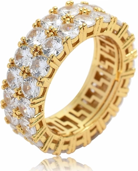 LKV 14K Gold Plated Cubic Zirconia Ring 9mm 2Rows Round Cut Iced Out Lab Diamond Eternity Bands Ring for Men Women