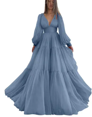 Long Puffy Sleeve Prom Dress V Neck Empire Waist Ball Gown Tulle Formal Evening Gowns for Women Formal