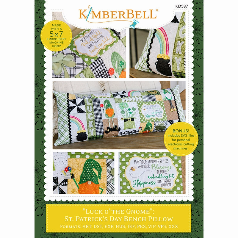 Luck o’ the Gnome St. Patrick’s Day Bench Pillow Machine Embroidery KD587
