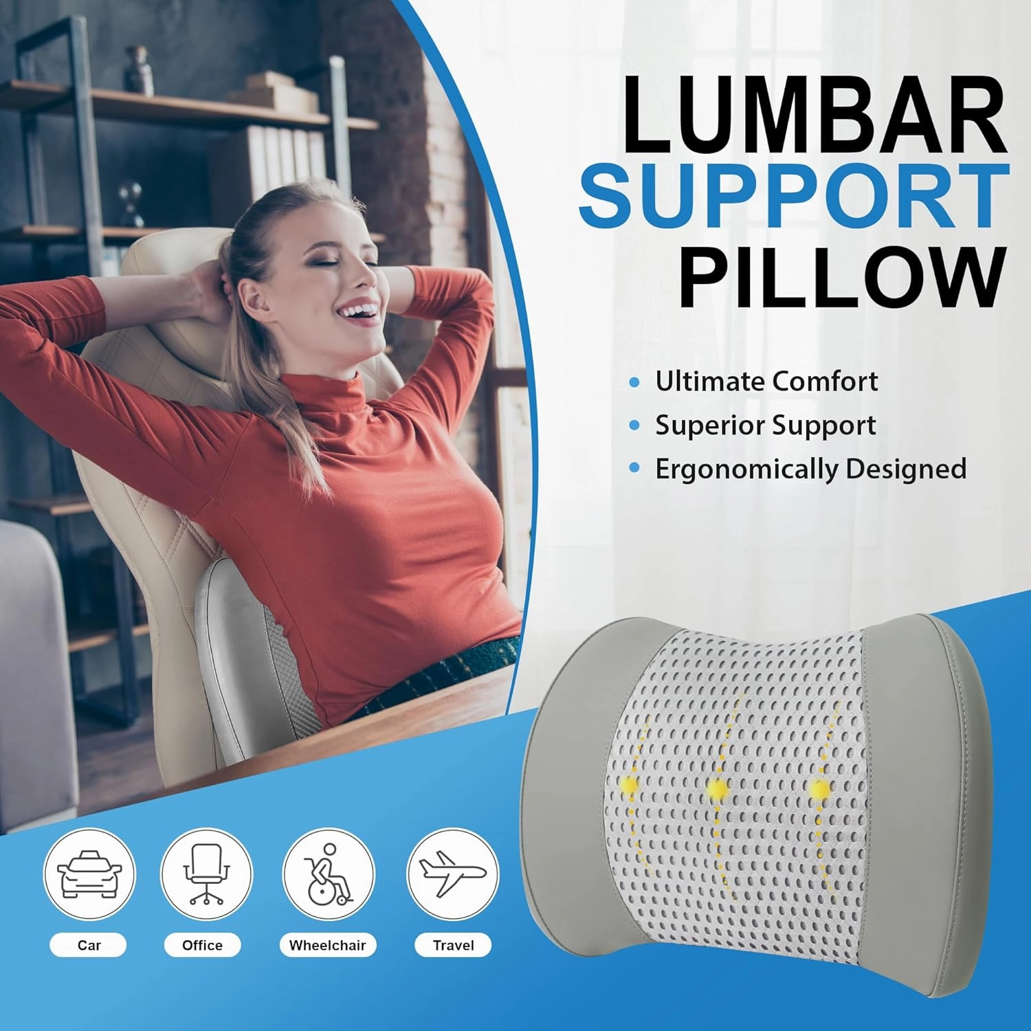 Lumbar Support Pillow for Car, Memory Foam Lumbar Pillow for Lower Back Pain Relief - Back Cushion for Driving, Chair Support for Car-Office Chair, Wheelchair - 4D Mesh Gray