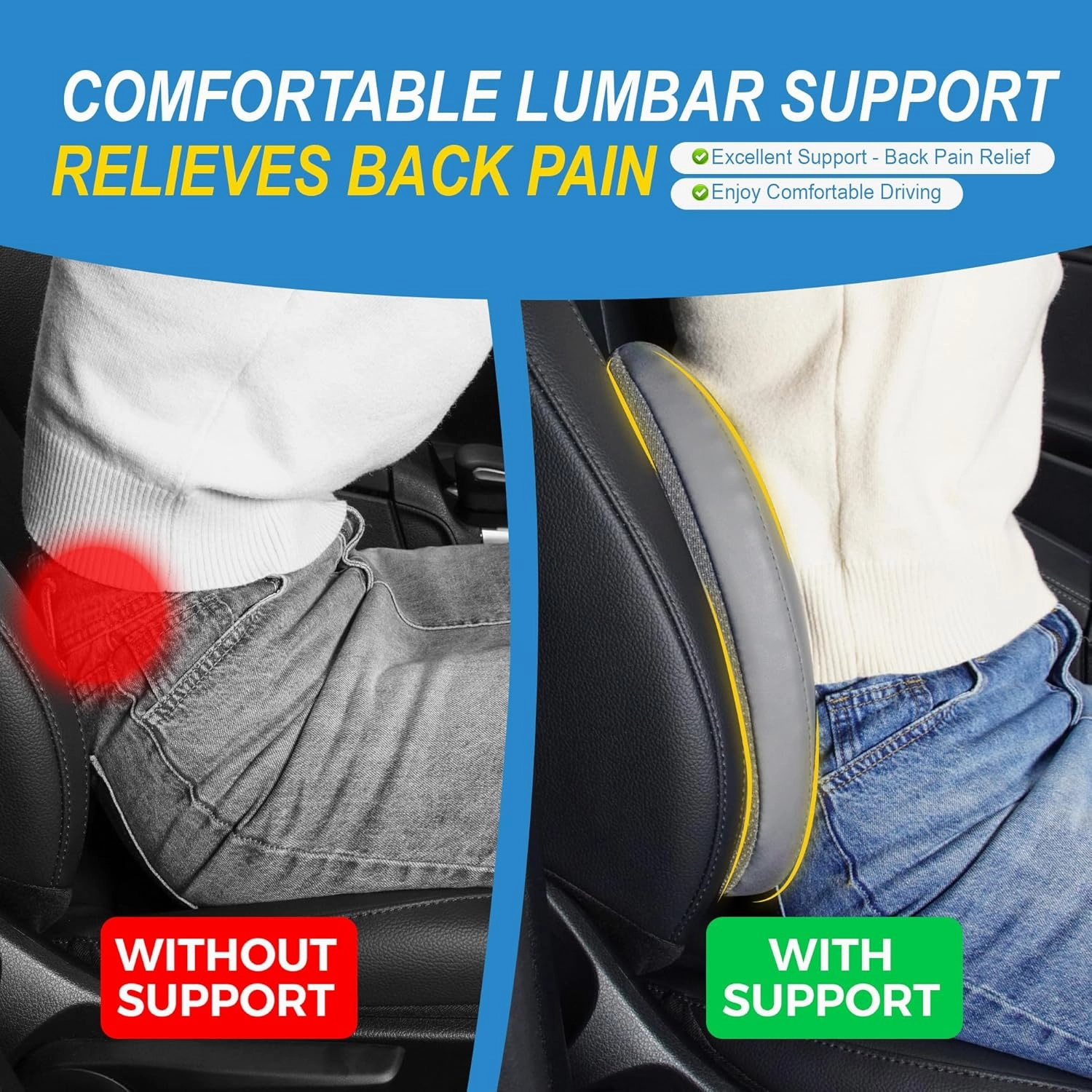 Lumbar Support Pillow for Car, Memory Foam Lumbar Pillow for Lower Back Pain Relief - Back Cushion for Driving, Chair Support for Car-Office Chair, Wheelchair - 4D Mesh Gray