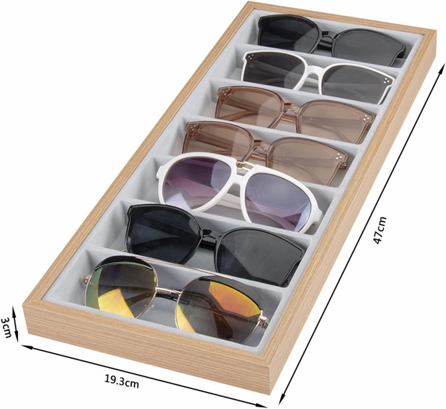 Luxe 7-Compartment Sunglasses Organizer - Wooden Velvet-Lined Jewelry Display Case for Eyewear, Watches & Rings | Farmhouse Modern Home Decor & Gift(Inner White)