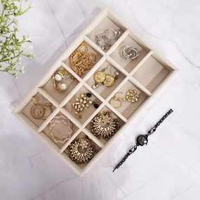 Luxury Velvet 12 Grids UNIVERSAL JEWELRY TRAY organiser for Drawer and Display for Earrings chains Rings Watch and other Jewellery needs (Cream, 30*20*3.5 cm)