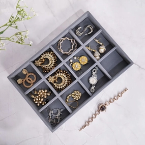 Luxury Velvet 12 Grids UNIVERSAL JEWELRY TRAY organiser for Drawer and Display for Earrings chains Rings Watch and other Jewellery needs (Grey, 30*20*3.5 cm)