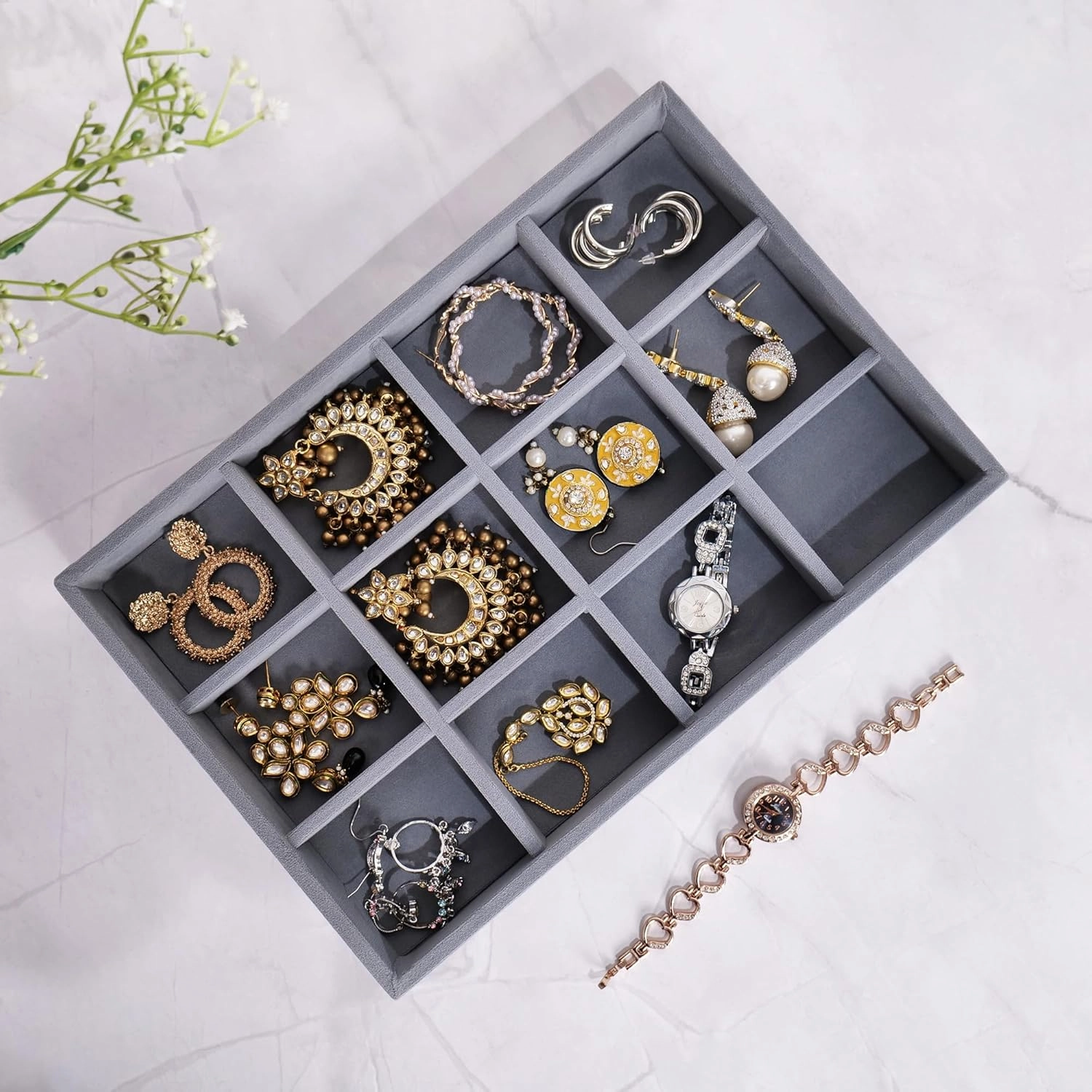 Luxury Velvet 12 Grids UNIVERSAL JEWELRY TRAY organiser for Drawer and Display for Earrings chains Rings Watch and other Jewellery needs (Grey, 30*20*3.5 cm)