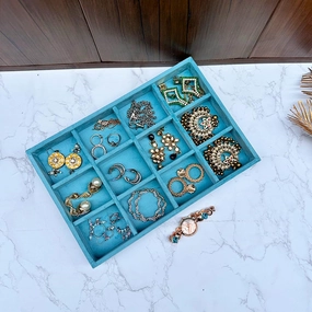 Luxury Velvet 12 Grids UNIVERSAL JEWELRY TRAY organiser for Drawer and Display for Earrings chains Rings Watch and other Jewellery needs (Sea Green, 30*20*3.5 cm)