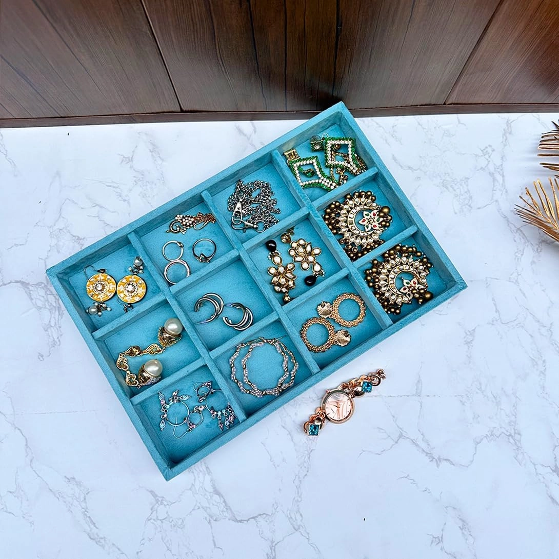 Luxury Velvet 12 Grids UNIVERSAL JEWELRY TRAY organiser for Drawer and Display for Earrings chains Rings Watch and other Jewellery needs (Sea Green, 30*20*3.5 cm)