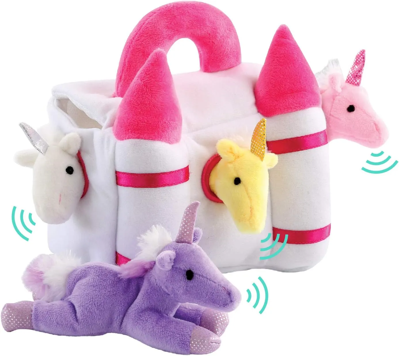 Magical Unicorns and Castle Play Set with Sounds, 5 Piece Small Unicorn Stuffed Animals Plus Magical Castle Carrier with Handle, Fun Interactive Toys
